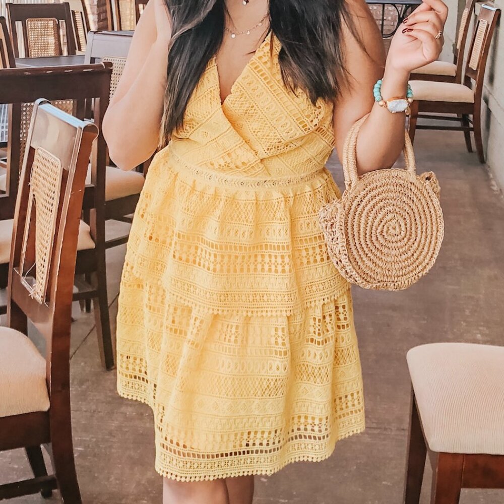 Francesca's mi ami Yellow Peplum Lace Dress S